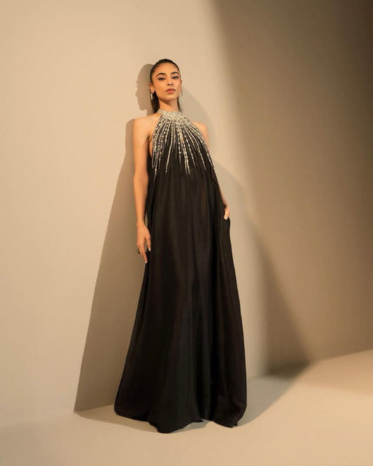 LULUSAR BLACK RAW SILK DRESS|UNSTITCHED MASTER REPLICA| TOP PAKISTANI DRESS BY SHAEBIZ