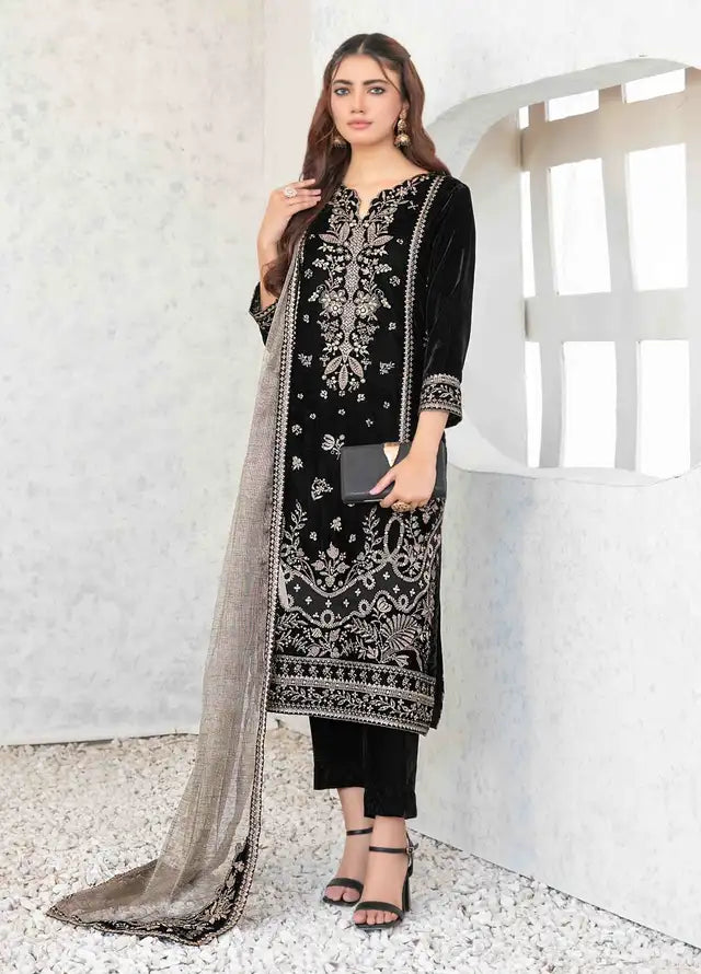 TAWAKKAL VELVET ZARTAJ BLACK WINTER WEAR UNSTITCH COLLECTION BY SHAEBIZ