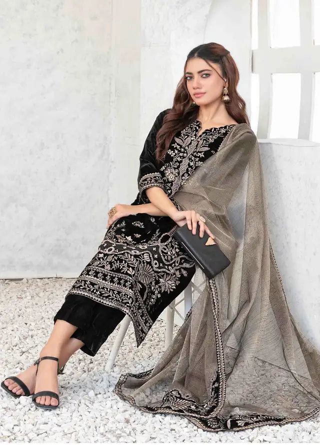 TAWAKKAL VELVET ZARTAJ BLACK WINTER WEAR UNSTITCH COLLECTION BY SHAEBIZ