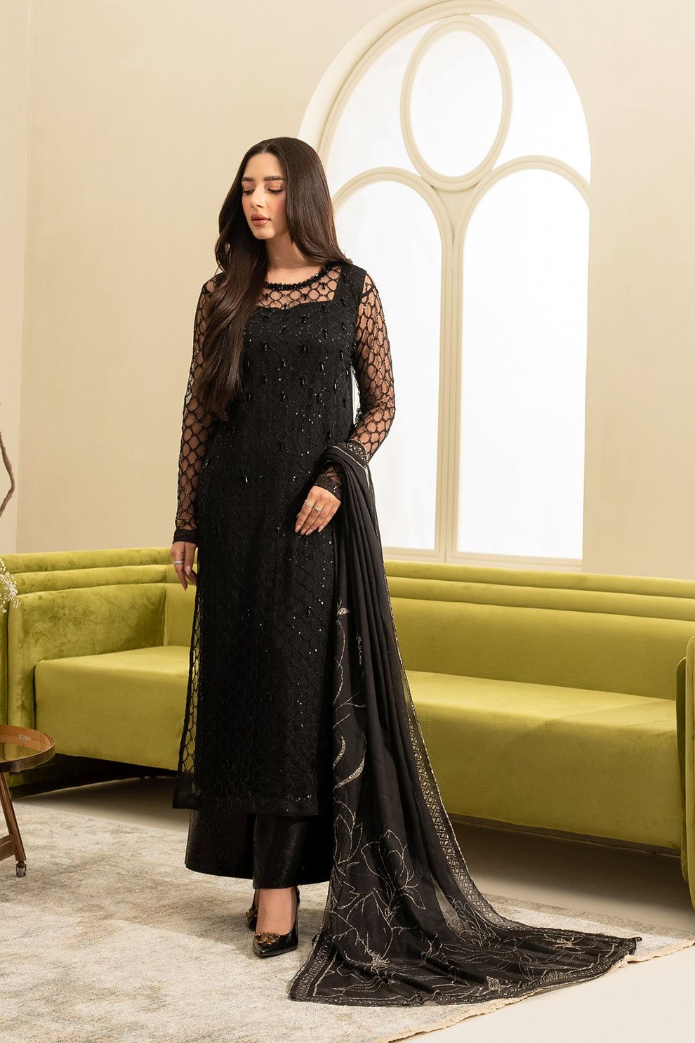 Lulusar Charcole Black Net Handmade Collection By Shaebiz