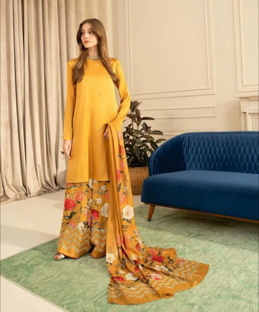 LULUSAR MUSTARD SILK DIGITAL PRINT | UNSTITCHED REPLICA | TOP PAKISTANI DRESS BY SHAEBIZ
