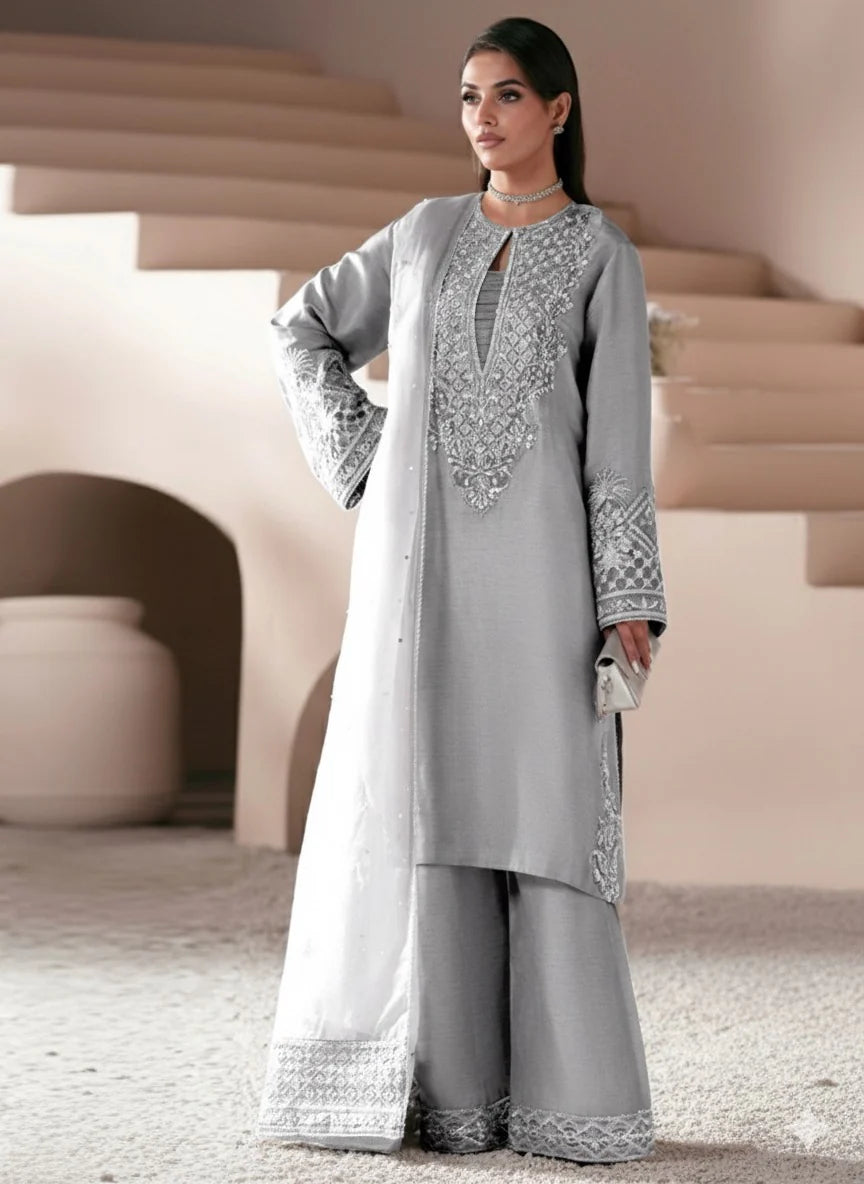 DESIGNER LAVA SILK GREY SHEESHA LUXURY FORMAL WEAR| UNSTITCHED 3 PCS | TOP PAKISTANI DRESS BY SHAEBIZ