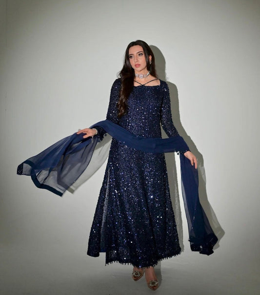DEAR WALLET FESTIVE BLING BLUE DRESS| UNSTITCHED PARTY WEAR| TOP PAKISTANI DRESS BY SHAEBIZ