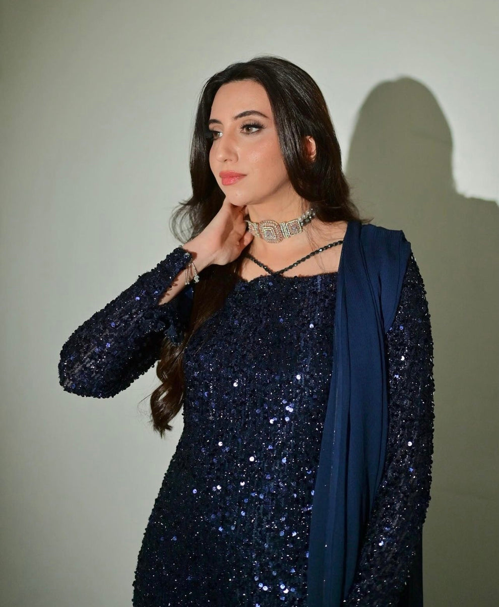 DEAR WALLET FESTIVE BLING BLUE DRESS| UNSTITCHED PARTY WEAR| TOP PAKISTANI DRESS BY SHAEBIZ