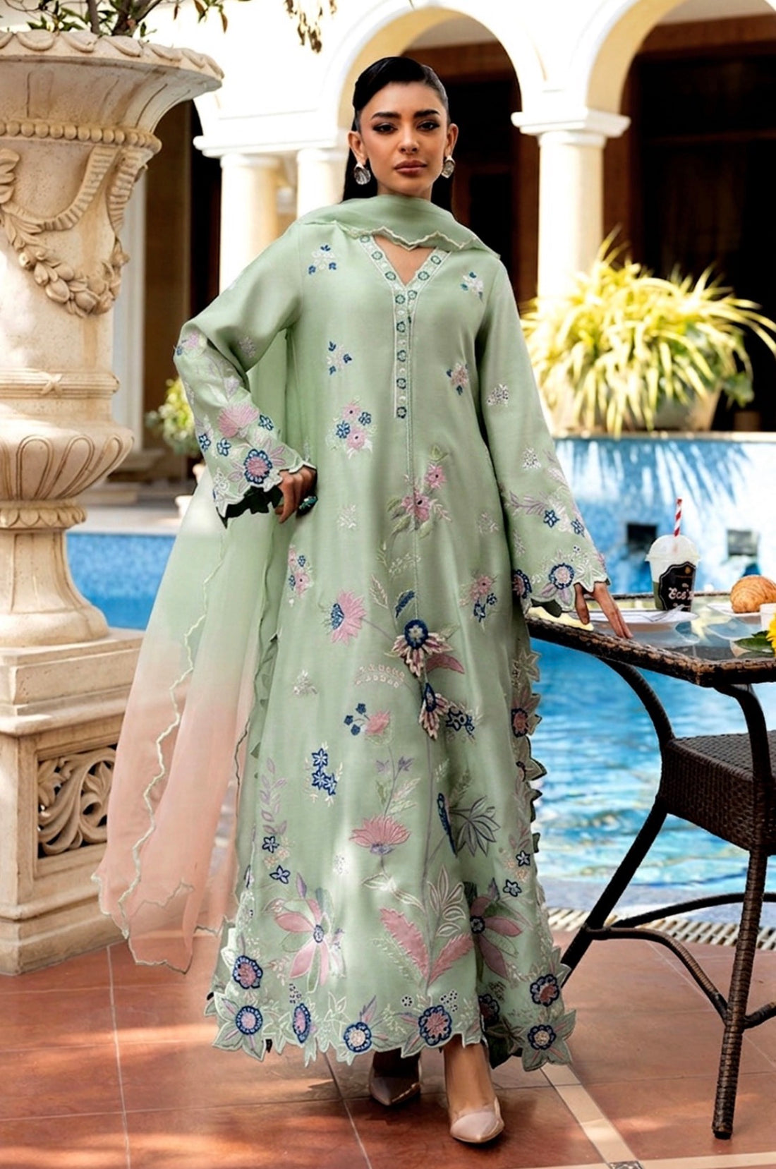 SUNNIA MINAHIL LUXURY 3 PIECE SILK KAFTAN| NEW COLOR | UNSTITCHED LATEST COLLECTION BY SHAEBIZ