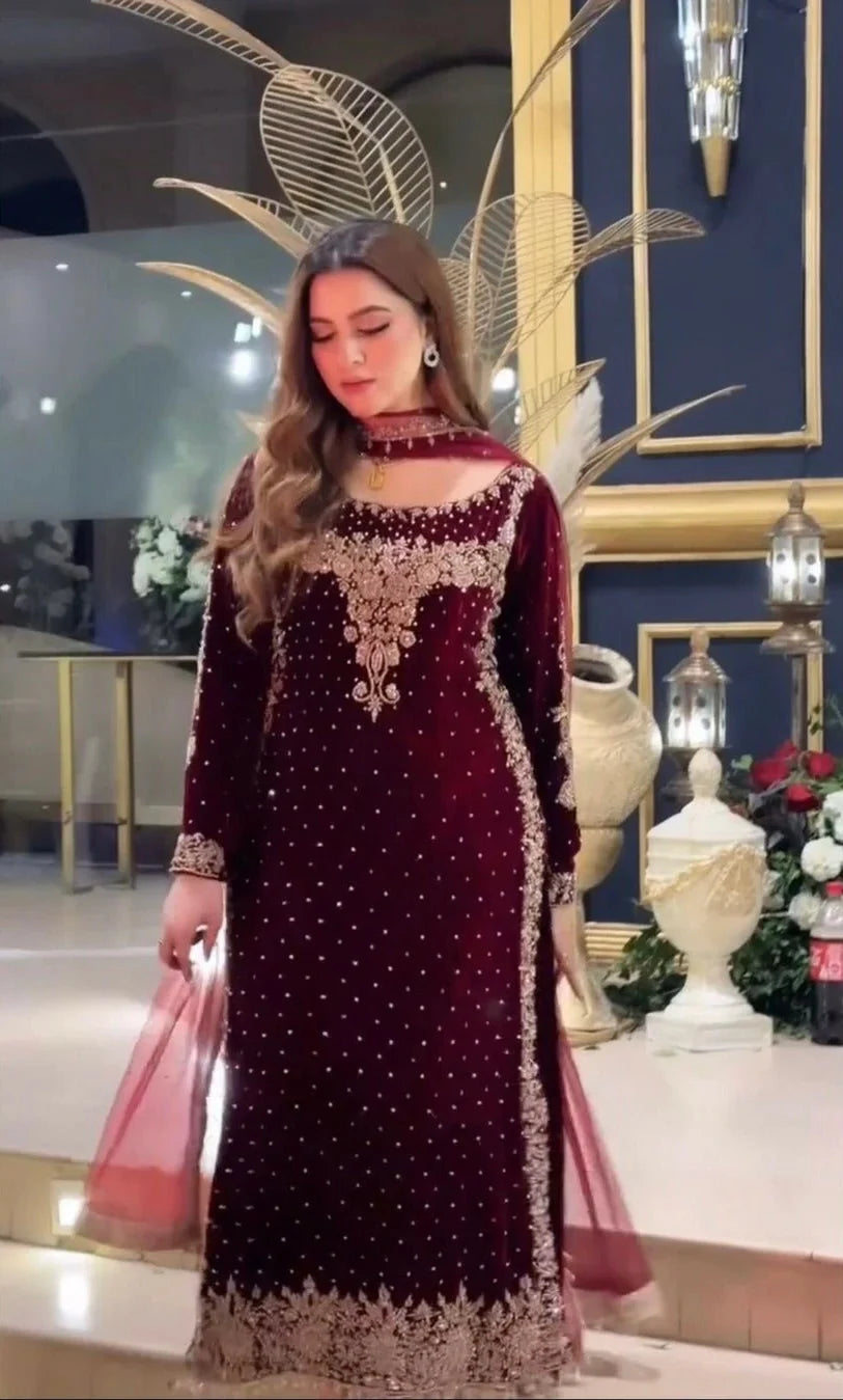 ANEELA'S ALIVE MEHROON LUXURY VELVET COLLECTION| WINTER COLLECTION| TOP PAKISTANI DRESS BY SHAEBIZ