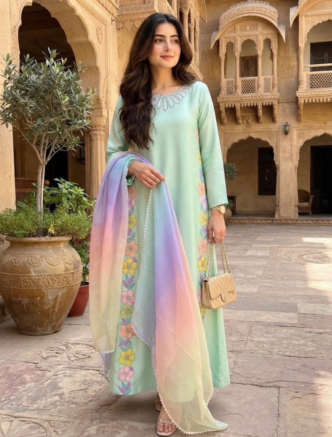 SHAEBIZ PRESENTING LUXURY GREEN SILK KAFTAN | UNSTITCHED 3 PCS BY SHAEBIZ