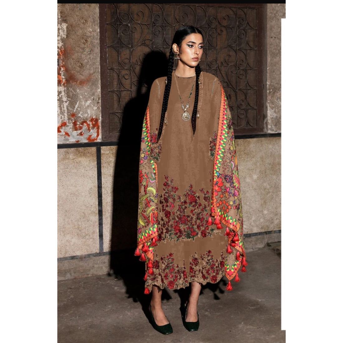 JAGNU BROWN EMBROIDERED LAWN DRESS | UNSTITCHED 3 PCS BY SHAEBIZ