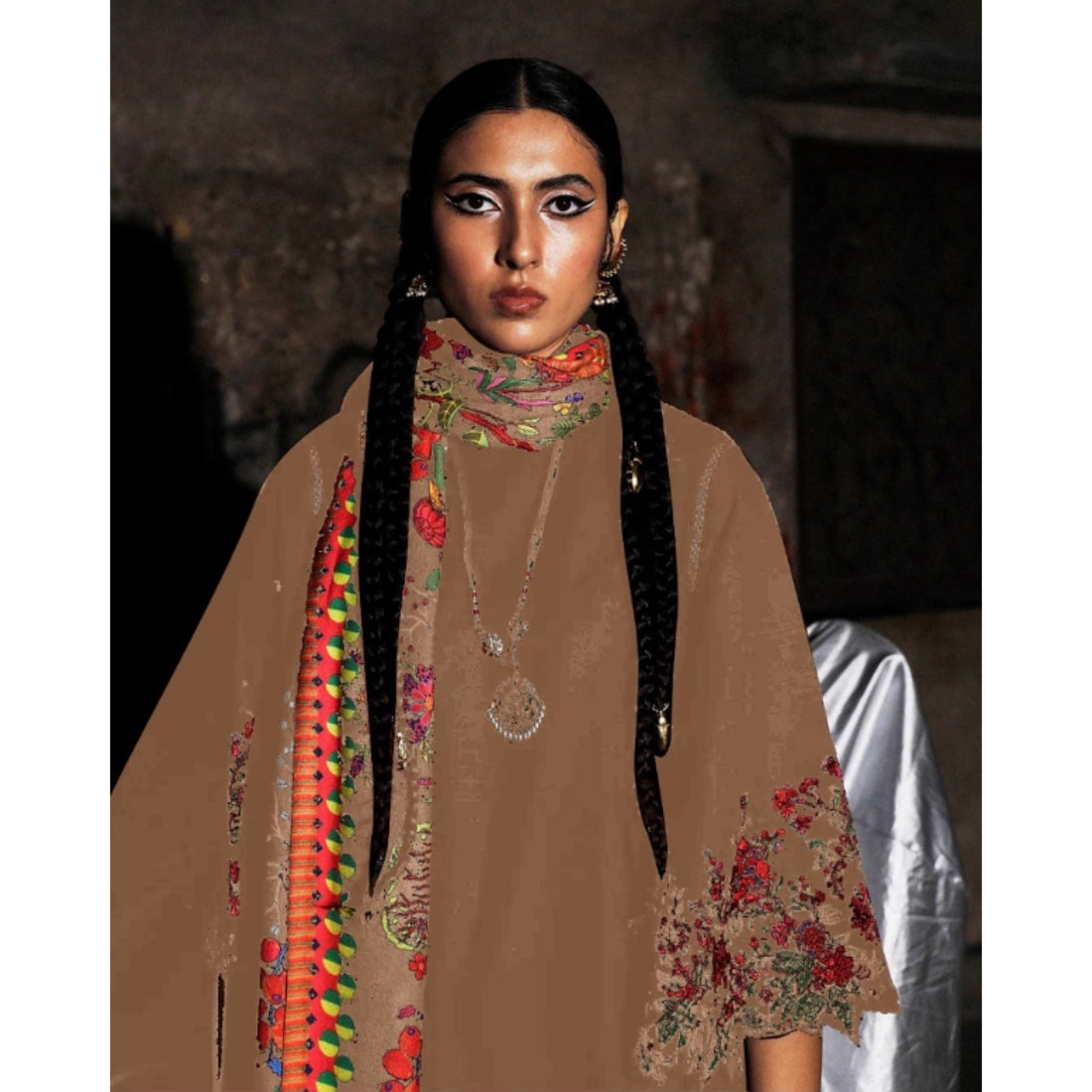 JAGNU BROWN EMBROIDERED LAWN DRESS | UNSTITCHED 3 PCS BY SHAEBIZ