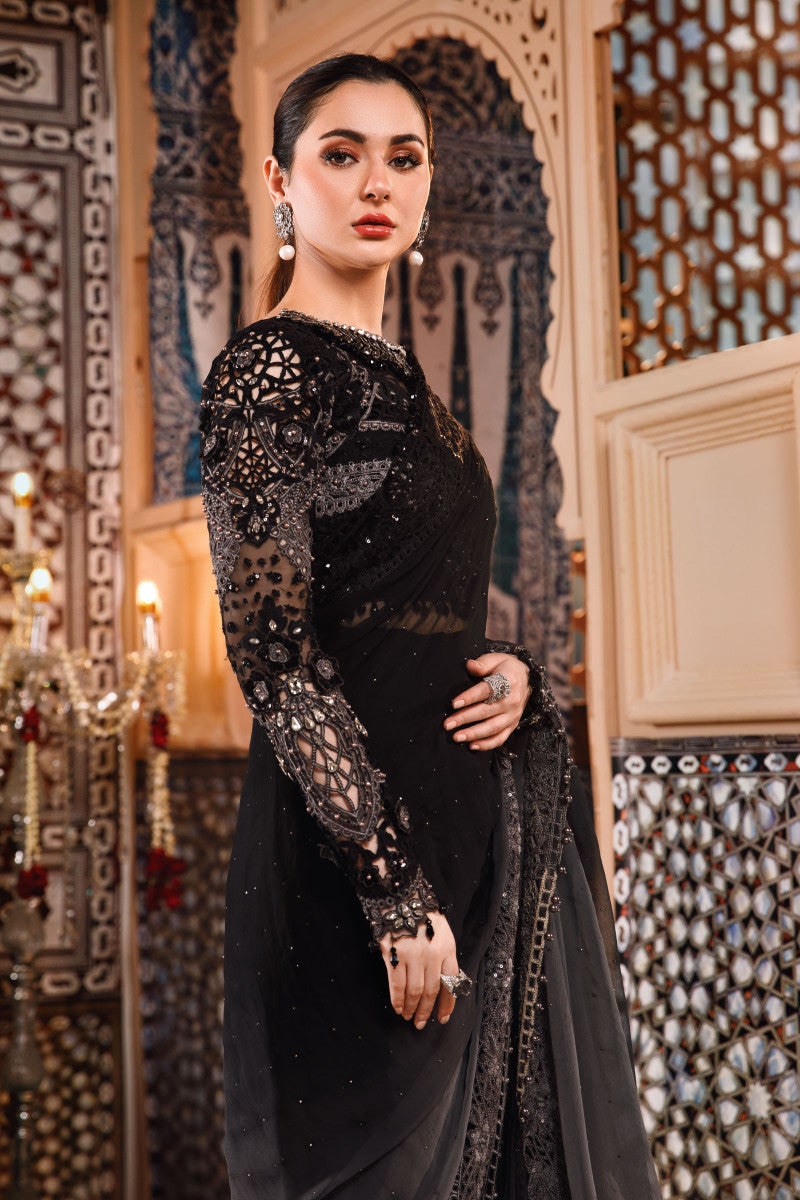 MARIA B MBROIDERD BLACK SAREE WEARING BY HANIA AMIR | UNSTITCHED COLLECTION BY SHAEBIZ