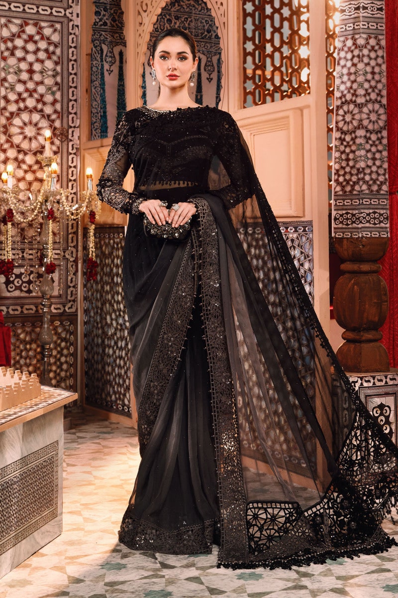 MARIA B MBROIDERD BLACK SAREE WEARING BY HANIA AMIR | UNSTITCHED COLLECTION BY SHAEBIZ