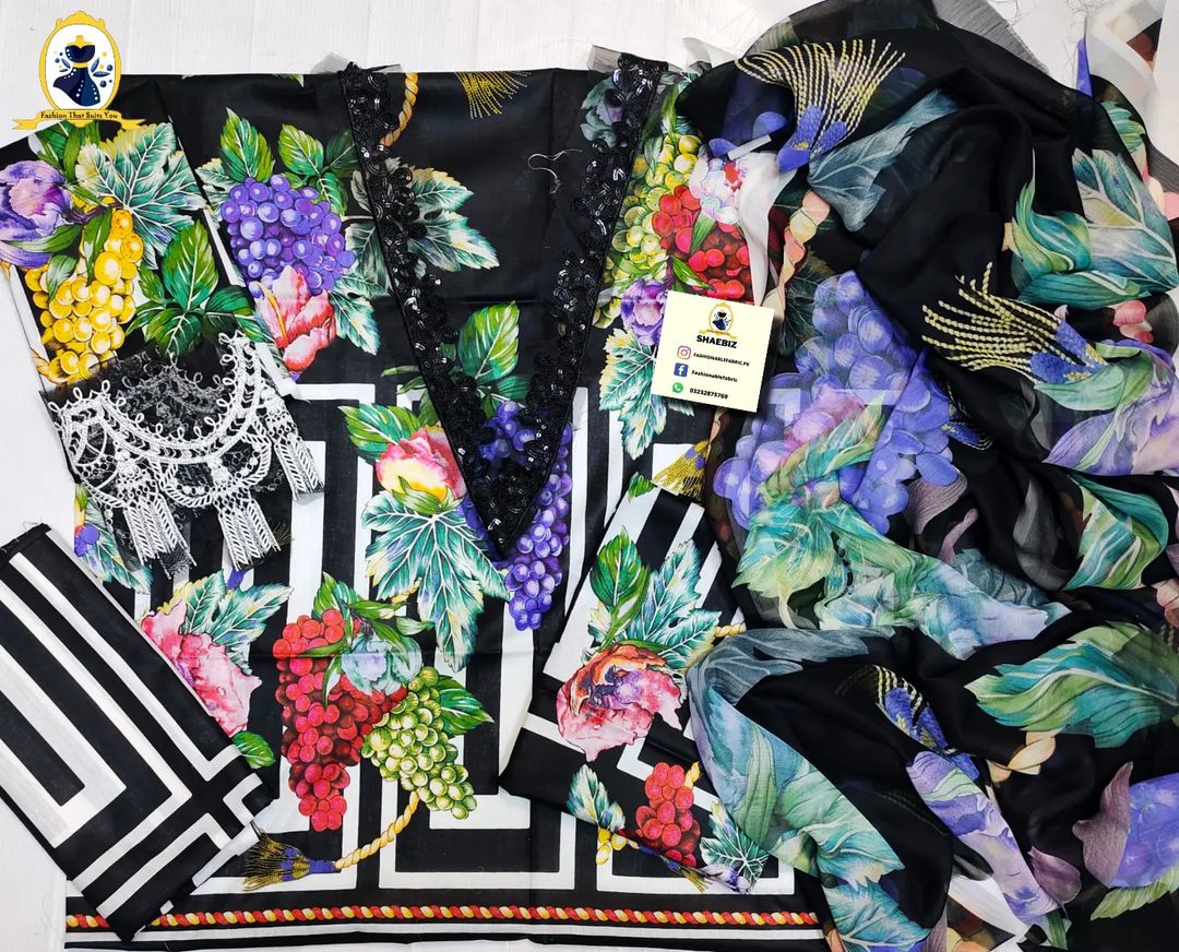 MARIA B MPRINTS  LATEST SUMMER EID COLLECTION | BLACK FRUITY | TOP PAKISTANI DRESS BY SHAEBIZ