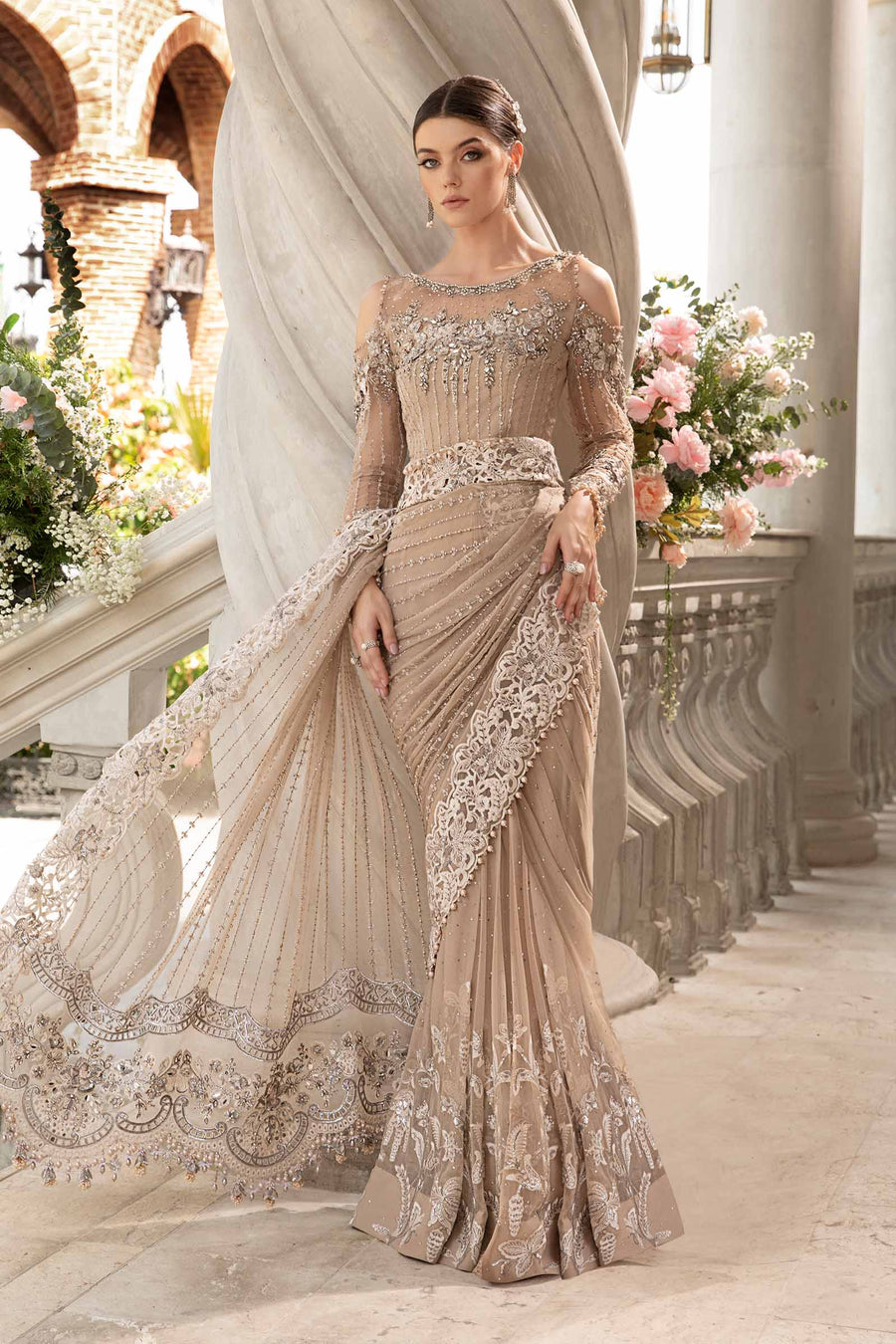 Maria.B Saree In Beige Skin | Chiffon Luxury Wedding Wear Saree Top Pakistani Dress By Shaebiz