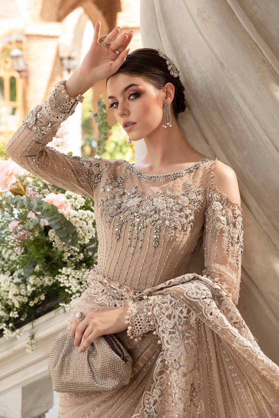Maria.B Saree In Beige Skin | Chiffon Luxury Wedding Wear Saree Top Pakistani Dress By Shaebiz