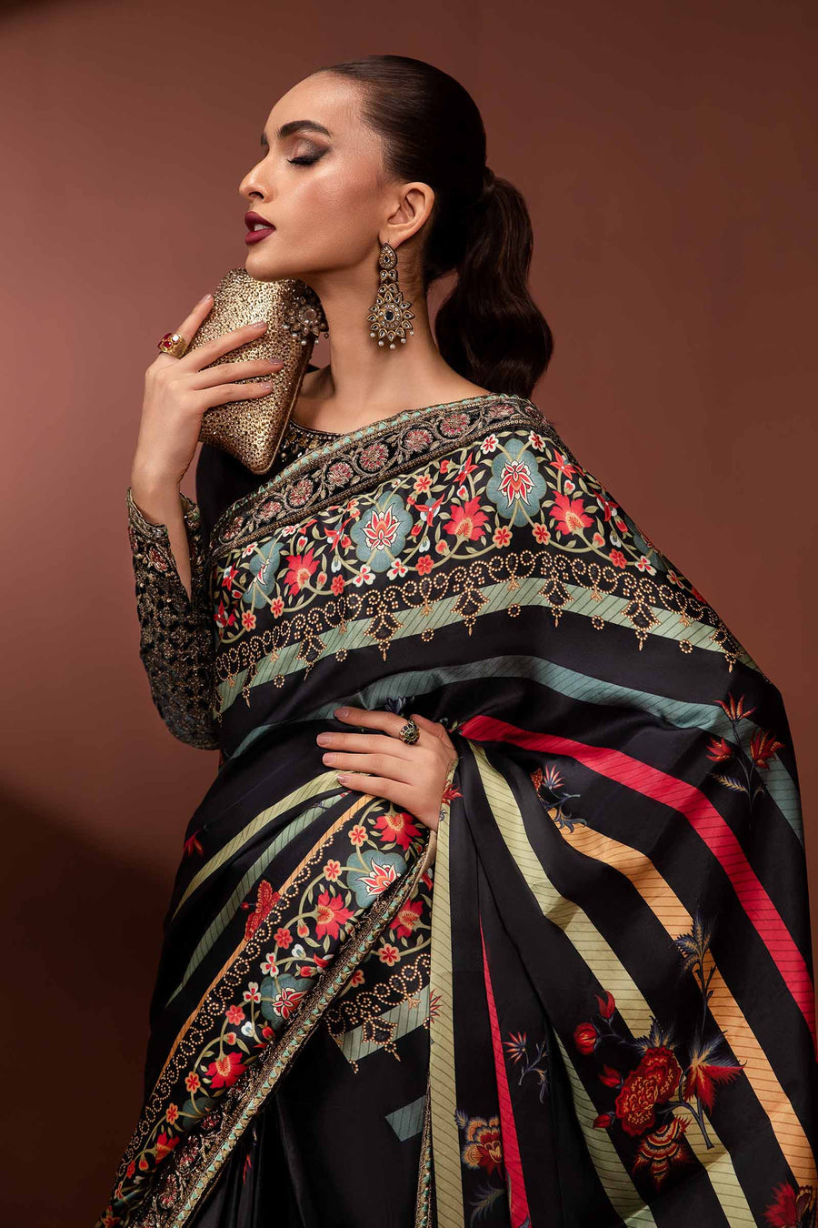 MARIA B BLACK SILK PRINTED SAREE| UNSTITCHED MASTER REPLICA| TOP PAKISTANI DRESS BY SHAEBIZ