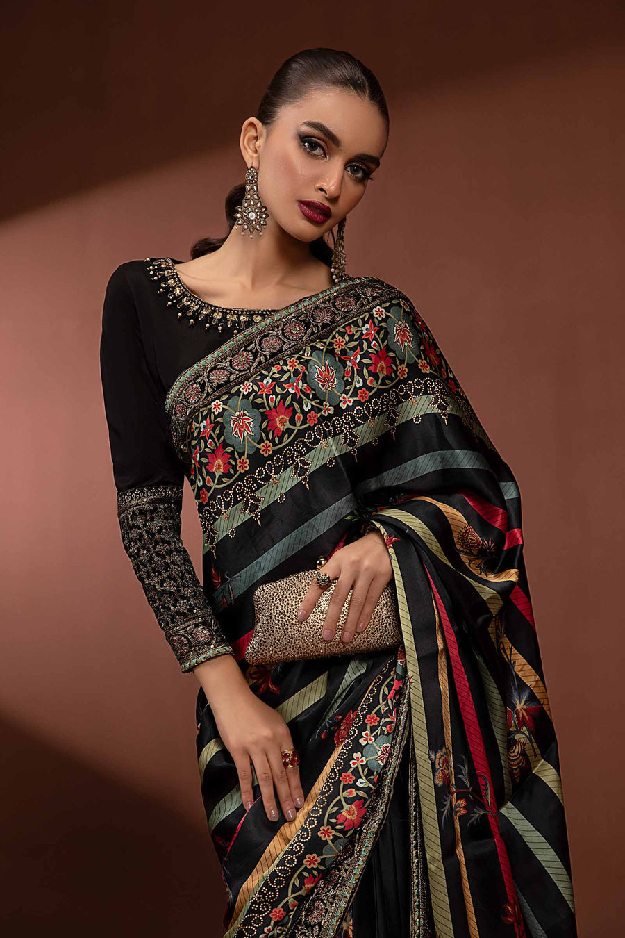 MARIA B BLACK SILK PRINTED SAREE| UNSTITCHED MASTER REPLICA| TOP PAKISTANI DRESS BY SHAEBIZ