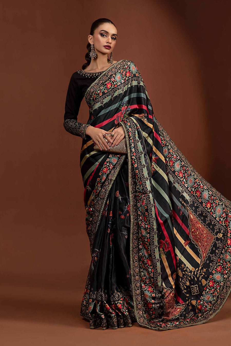 MARIA B BLACK SILK PRINTED SAREE| UNSTITCHED MASTER REPLICA| TOP PAKISTANI DRESS BY SHAEBIZ
