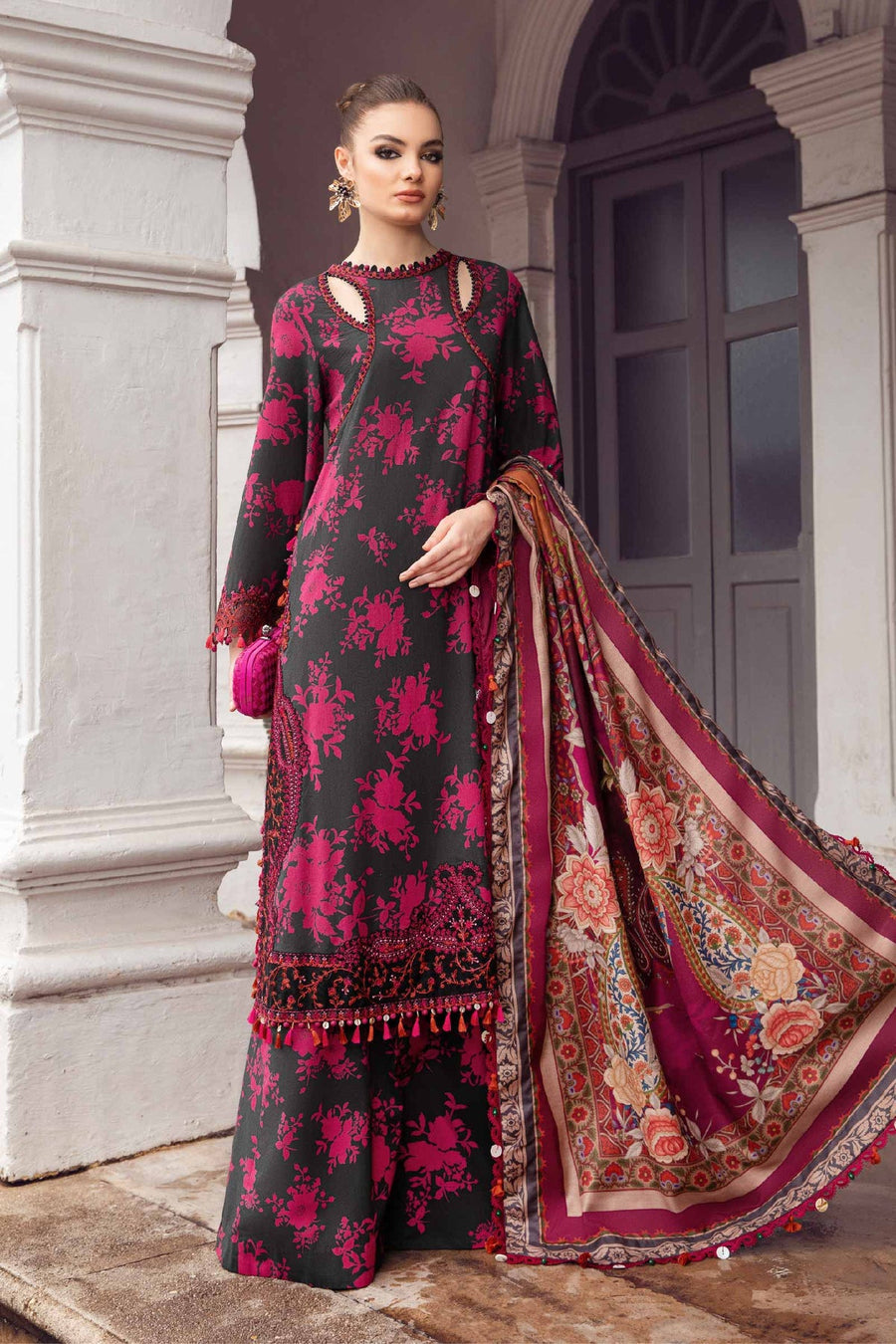 MARIA B MPRINT LAWN COLLECTION 2024 | PINK AND BLACK|TOP PAKISTANI DRESS BY SHAEBIZ|