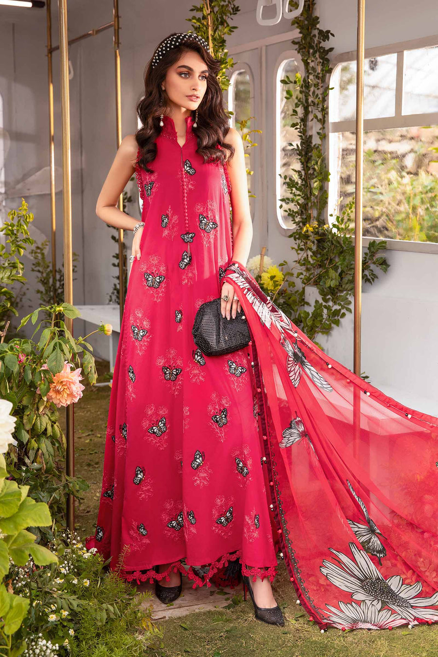 MARIA B MPRINT RED SUMMER LAWN COLLECTION| BUTTERFLY PRINT | TOP PAKISTANI DRESS BY SHAEBIZ|