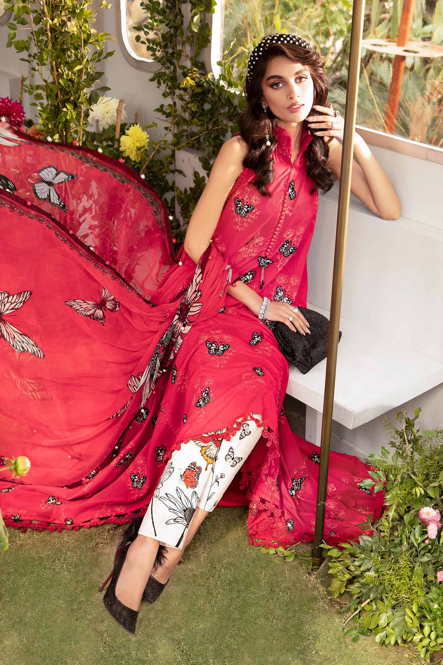 MARIA B MPRINT RED SUMMER LAWN COLLECTION| BUTTERFLY PRINT | TOP PAKISTANI DRESS BY SHAEBIZ|