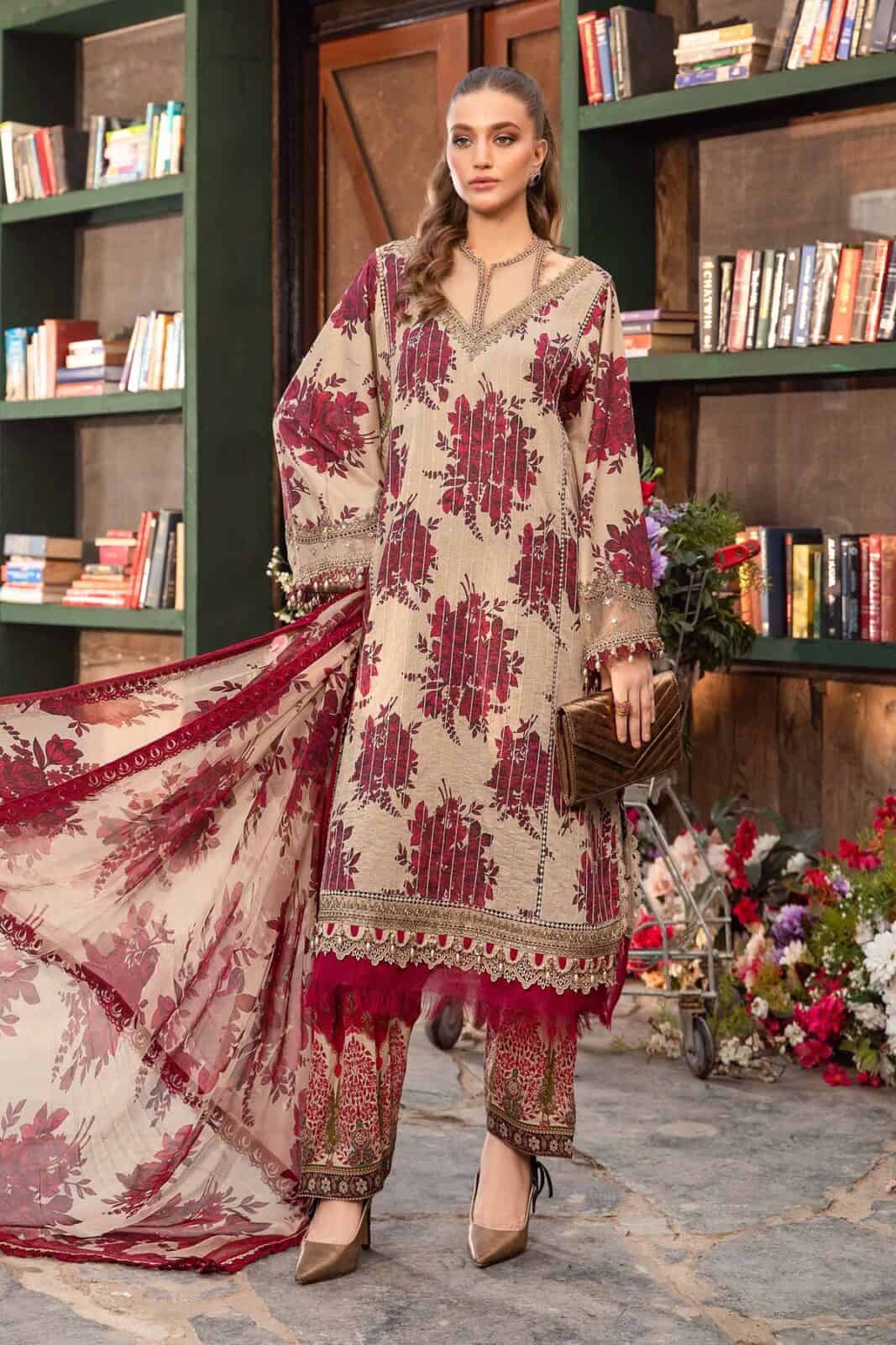 MARIA B MEHROON MPRINT SUMMER LAWN COLLECTION| TOP PAKISTANI DRESS BY SHAEBIZ|