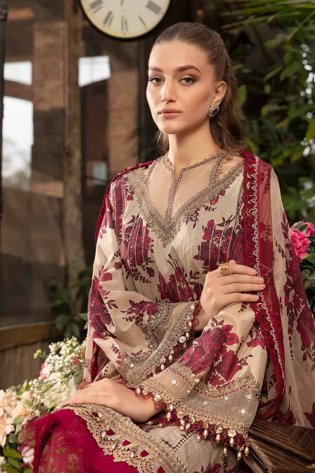 MARIA B MEHROON MPRINT SUMMER LAWN COLLECTION| TOP PAKISTANI DRESS BY SHAEBIZ|