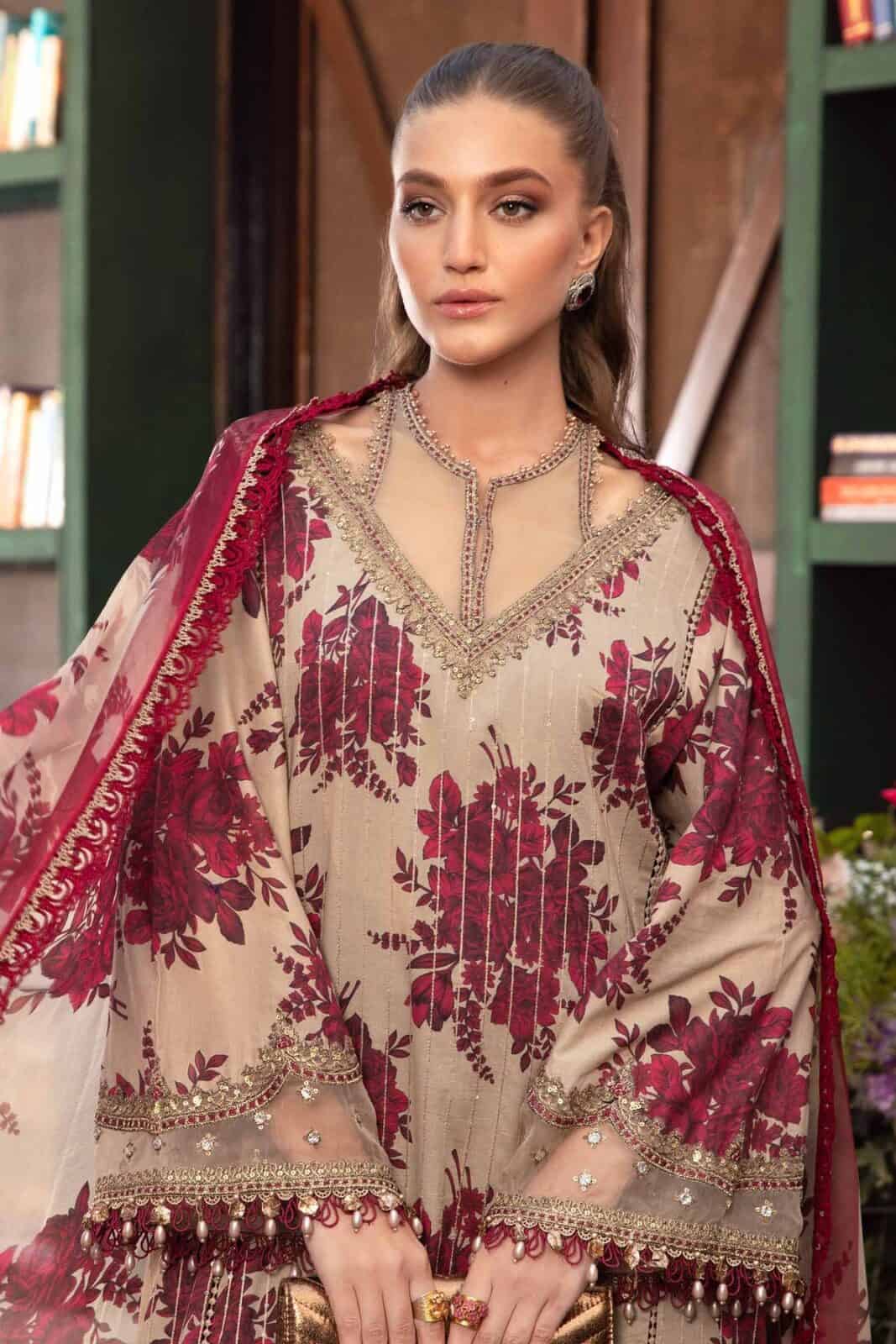 MARIA B MEHROON MPRINT SUMMER LAWN COLLECTION| TOP PAKISTANI DRESS BY SHAEBIZ|