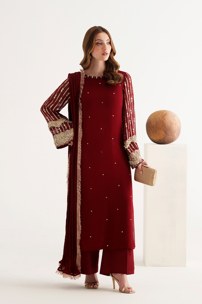 VANYA LUXURY MEHROON CHIFFON DRESS| UNSTITCHED LATEST PARTY WEAR BY SHAEBIZ