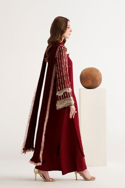 VANYA LUXURY MEHROON CHIFFON DRESS| UNSTITCHED LATEST PARTY WEAR BY SHAEBIZ