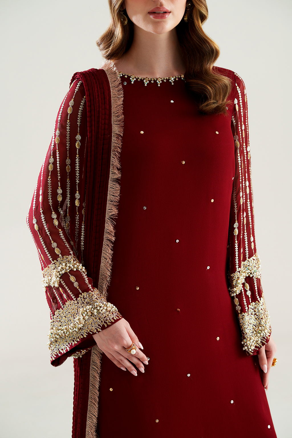 VANYA LUXURY MEHROON CHIFFON DRESS| UNSTITCHED LATEST PARTY WEAR BY SHAEBIZ