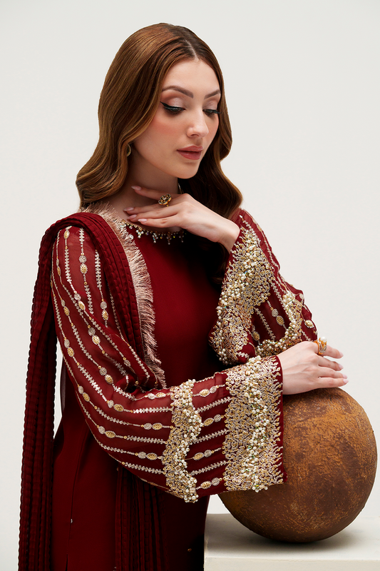 VANYA LUXURY MEHROON CHIFFON DRESS| UNSTITCHED LATEST PARTY WEAR BY SHAEBIZ