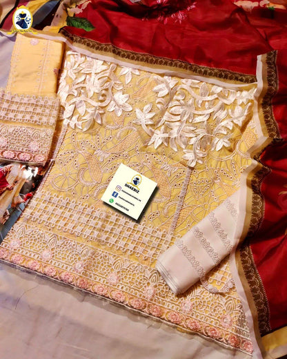 MUSHQ LAWN LEMON CHIKANKARI DRESS (ML-SL22)