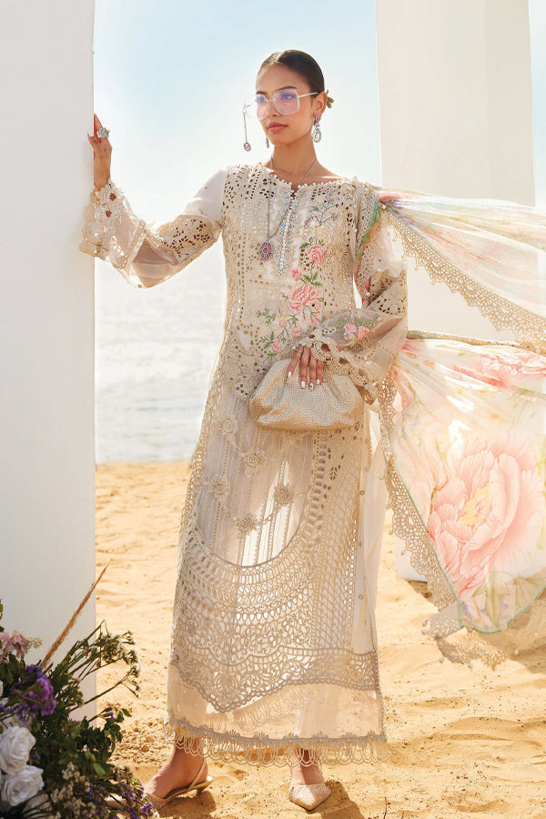 MARIA B EMBROIDERED BEIGE BELLE LUXURY LAWN COLLECTION| UNSTITCHED SUMMER COLLECTION| TOP PAKISTANI DRESS BY SHAEBIZ