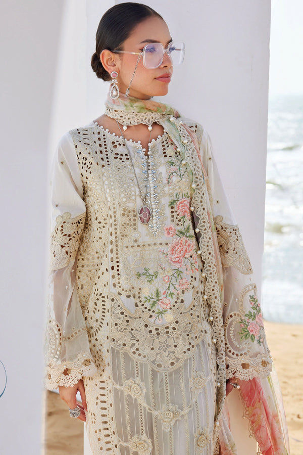 MARIA B EMBROIDERED BEIGE BELLE LUXURY LAWN COLLECTION| UNSTITCHED SUMMER COLLECTION| TOP PAKISTANI DRESS BY SHAEBIZ