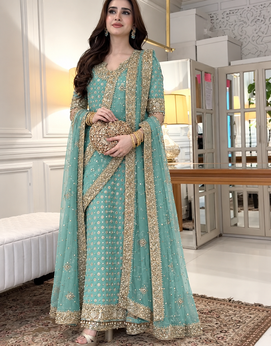 HARIS SHAKEEL NEW SEA  GREEN LUXURY CHIFFON COLLECTION| UNSTITCHED WEDDING FORMALS BY SHAEBIZ
