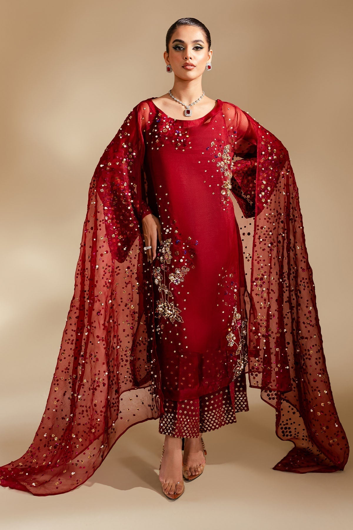 RED DRESS IN ORGENZA BY SHABEIZ