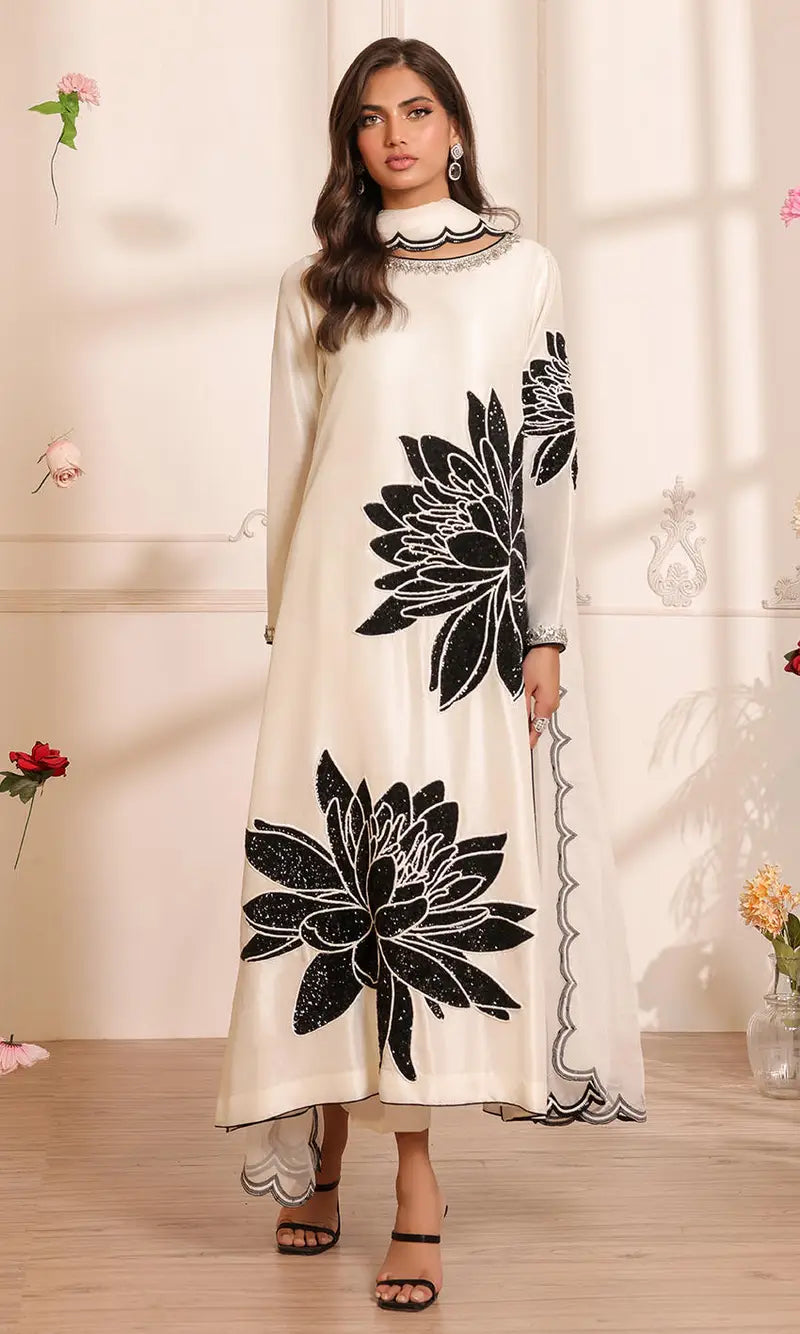 NOMI ANSARI LUXURY WHITE SILK COLLECTION TOP PAKISTANI DRESS BY SHAEBIZ