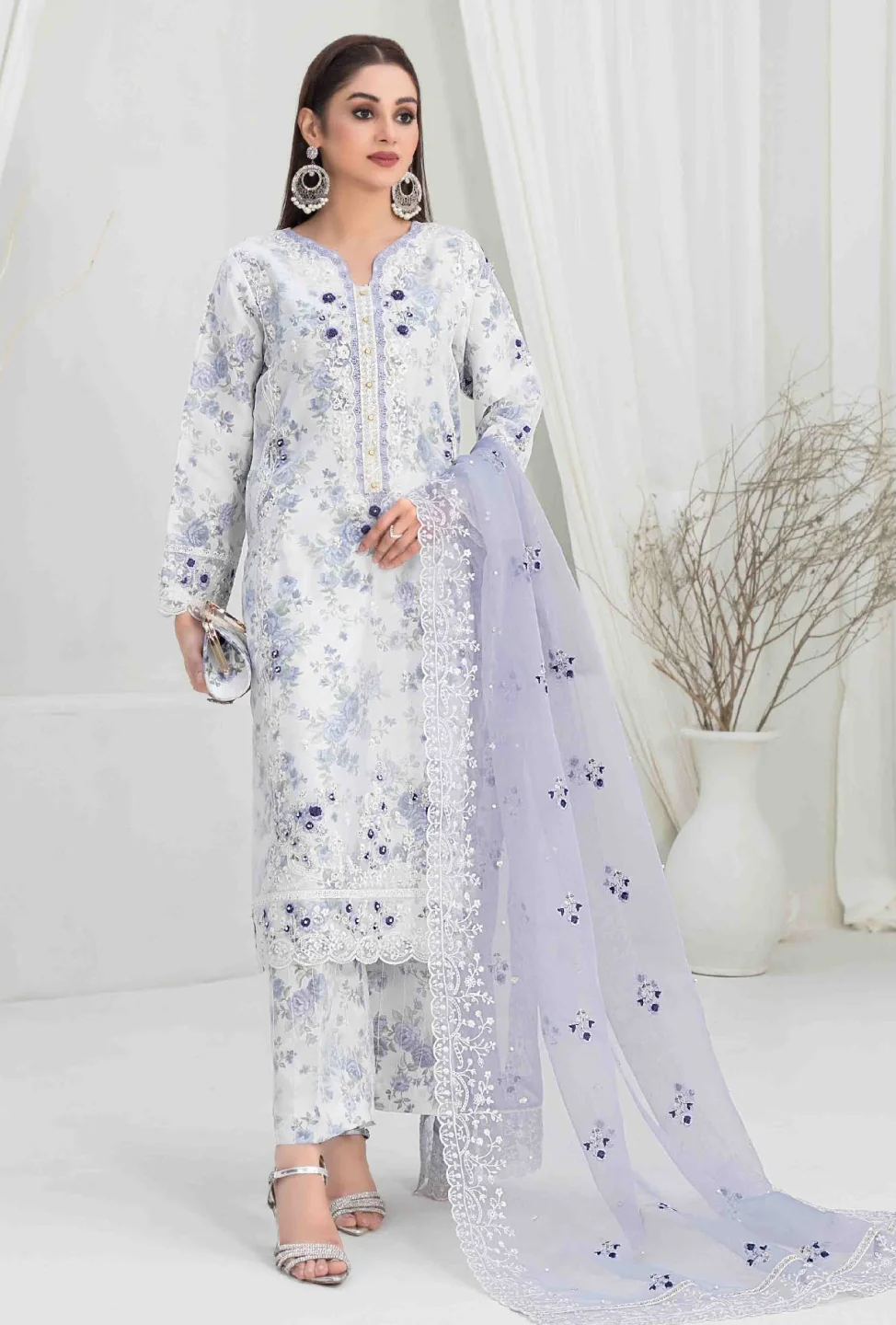 SEHBA BY TAWAKKAL SEMI STITCHED WHITE ORGANZA  COLLECTION|TOP PAKISTANI DRESS BY SHAEBIZ|