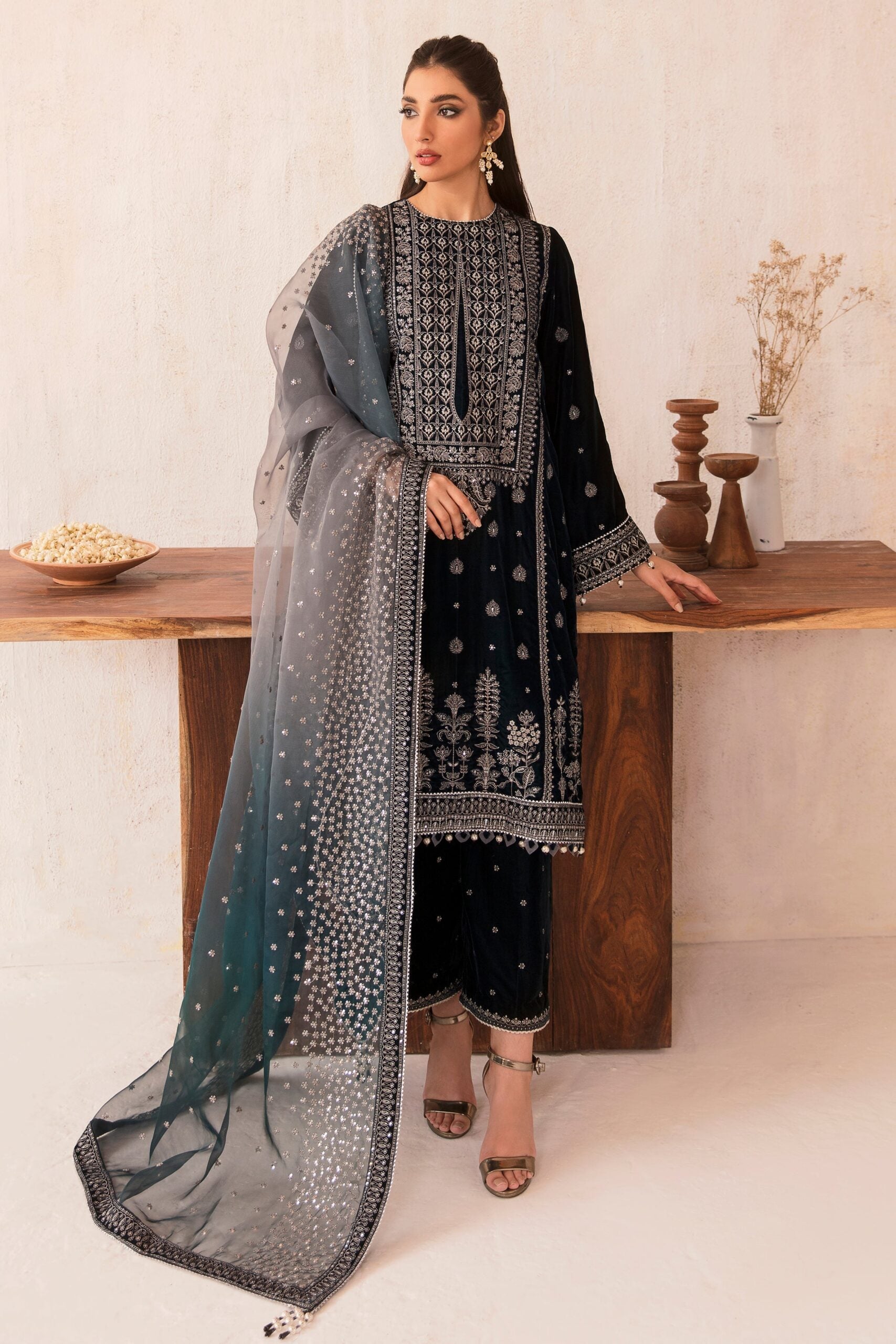 JAZMIN LUXURY GREEN VELVET COLLECTION| UNSTITCHED FORMAL WEAR| TOP PAKISTANI DRESS BY SHAEBIZ