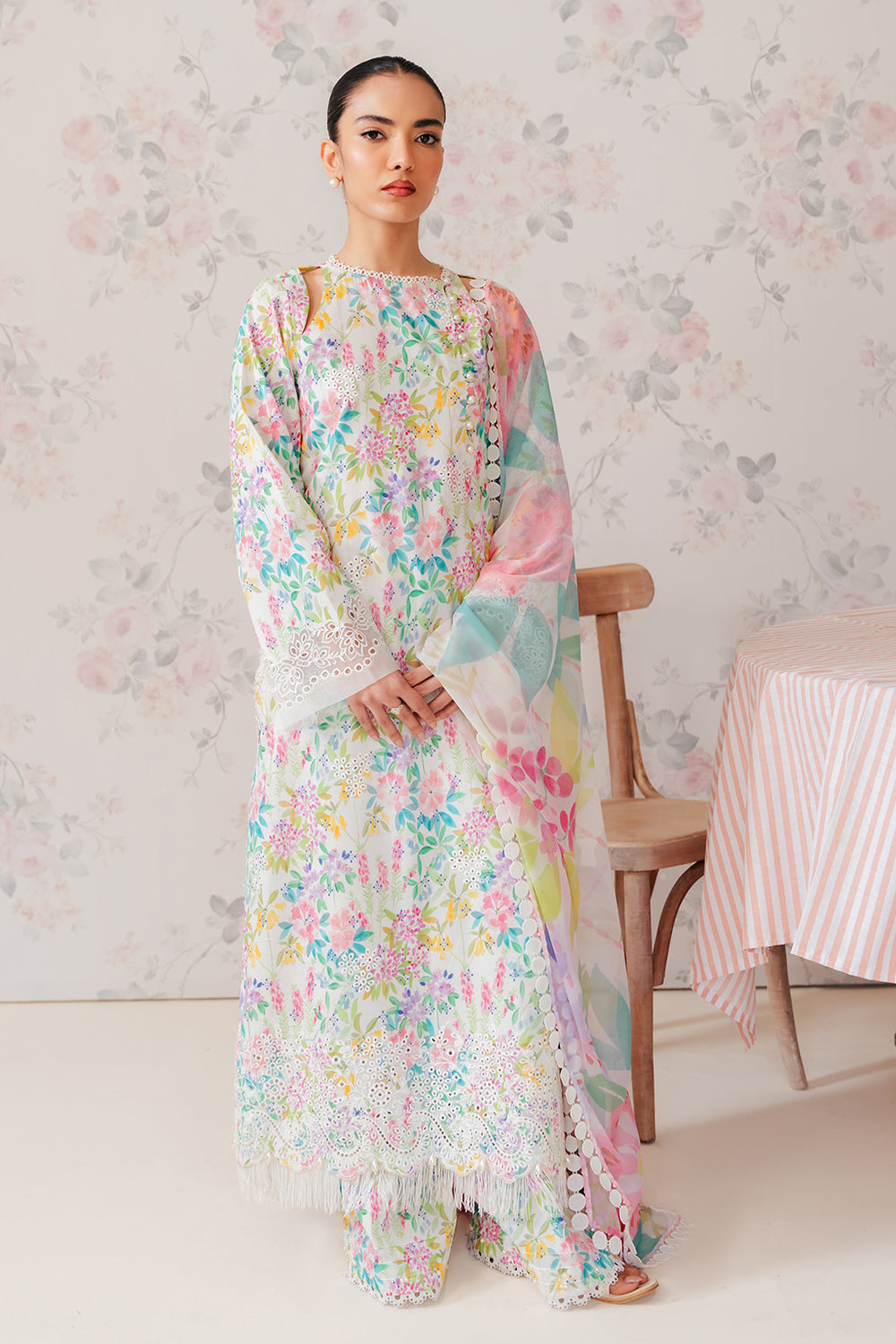 AFROZEH VANILLA WHITE PRINTED LAWN| TOP PAKISTANI DRESS BY SHAEBIZ|