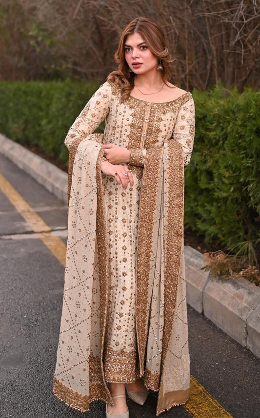 HARIS SHAKEEL WHITE IVORY NIKKAH BRIDAL DRESS| UNSTITCHED MASTER REPLICA WEDDING EDITION| TOP PAKISTANI DRESS BY SHAEBIZ