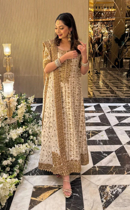 HARIS SHAKEEL WHITE IVORY NIKKAH BRIDAL DRESS| UNSTITCHED MASTER REPLI –  Shaebiz Collection