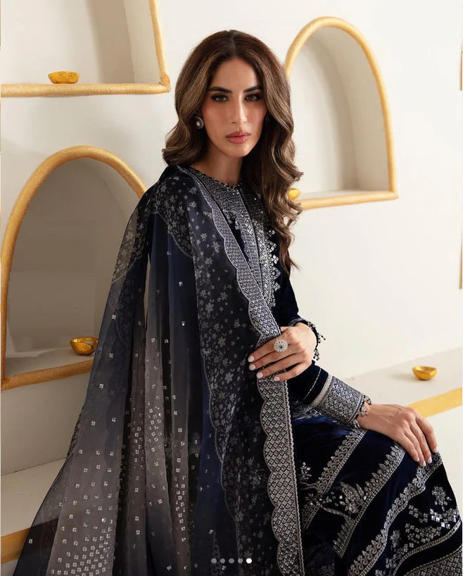 JAZMIN BLUE EMBROIDERED VELVET DRESS| UNSTITCHED WINTER COLLECTION| TOP PAKISTANI DRESS BY SHAEBIZ