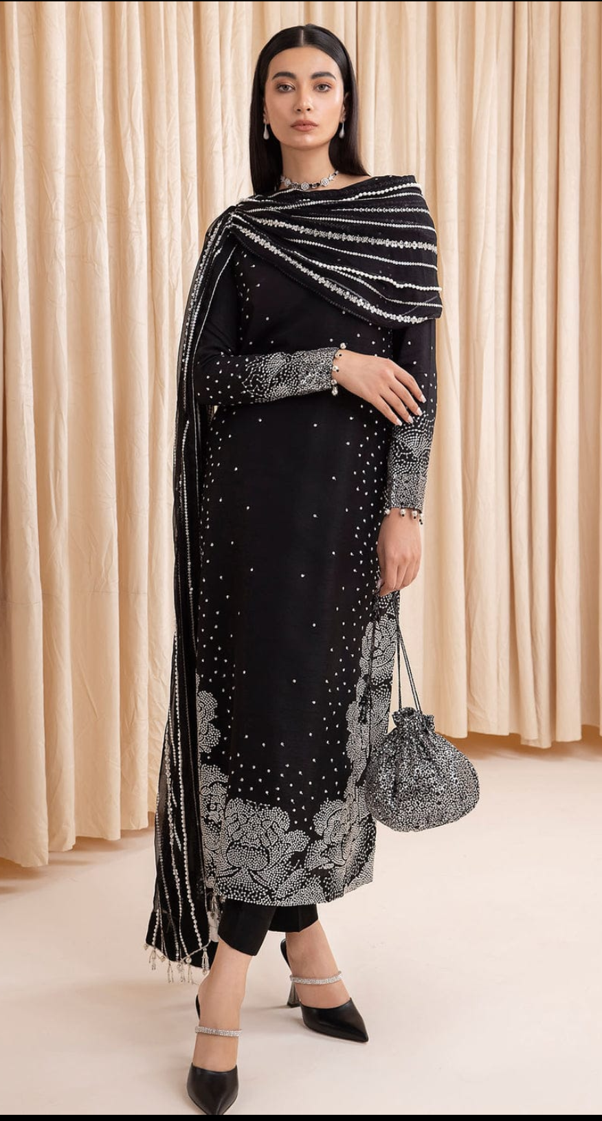 JAZMIN LUXURY ROW SILK COLLECTION | BLACK FORMAL WEAR| TOP PAKISTANI DRESS BY SHAEBIZ|