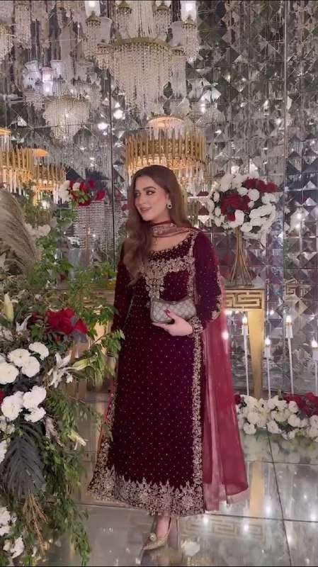 ANEELA'S ALIVE MEHROON LUXURY VELVET COLLECTION| WINTER COLLECTION| TOP PAKISTANI DRESS BY SHAEBIZ