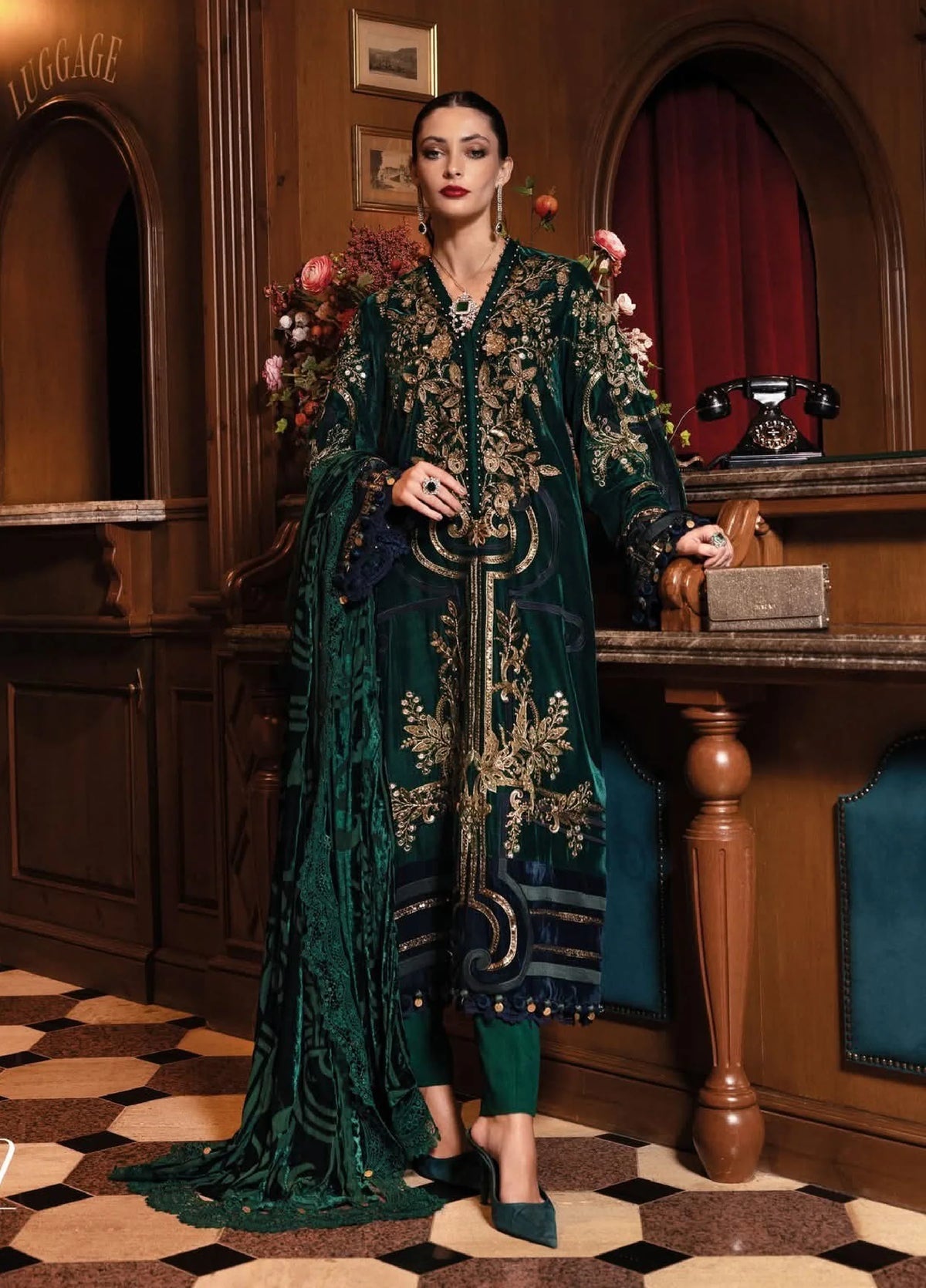 MARIA B EMBROIDERED MICRO 9000 VELVET DRESS WITH PANACHE SHAWL| UNSTITCHED WINTER COLLECTION| TOP PAKISTANI DRESS BY SHAEBIZ