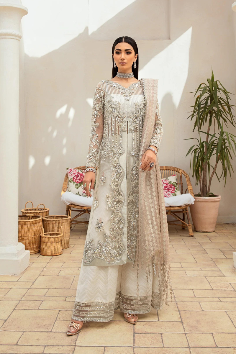 MARYAM HUSSAIN LUXURY WHITE NET DRESS| UNSTITCHED MASTER REPLICA| TOP PAKISTANI DRESS BY SHAEBIZ