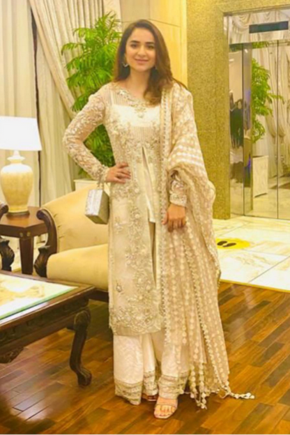 MARYAM HUSSAIN LUXURY WHITE NET DRESS| UNSTITCHED MASTER REPLICA| TOP PAKISTANI DRESS BY SHAEBIZ