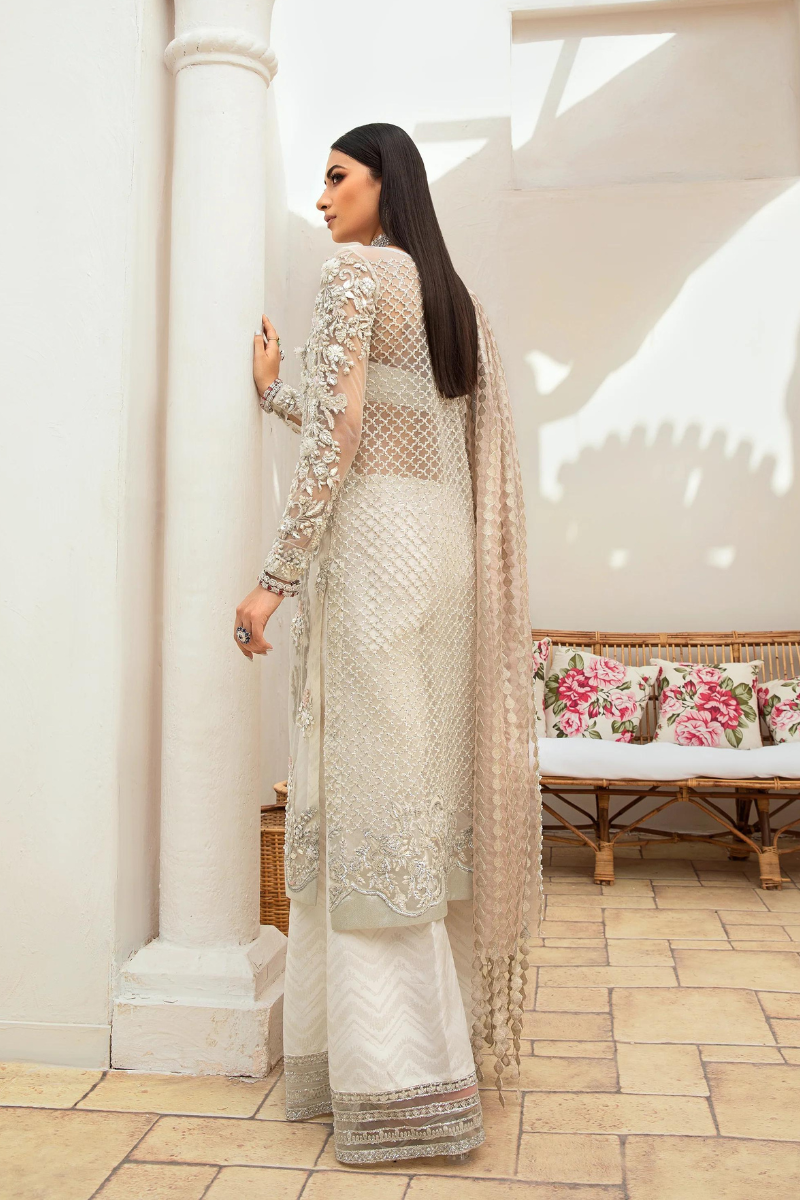 MARYAM HUSSAIN LUXURY WHITE NET DRESS| UNSTITCHED MASTER REPLICA| TOP PAKISTANI DRESS BY SHAEBIZ
