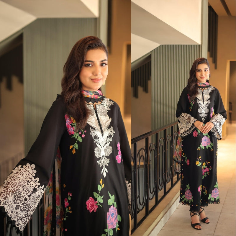 ANEELA'S LATEST BLACK MIDNIGHT ROSES LAWN DRESS| UNSTITCHED SUMMER COLLECTION| TOP PAKISTANI DRESS BY SHAEBIZ